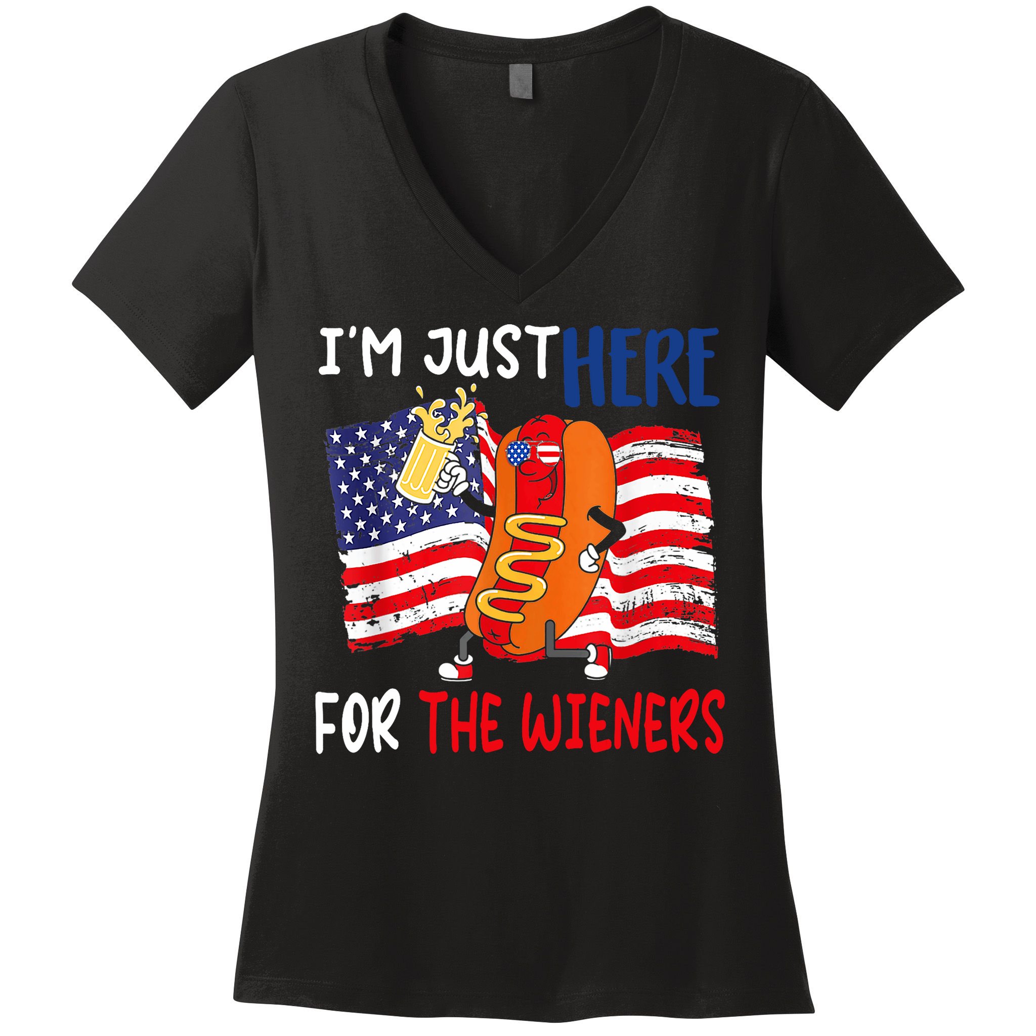 Hot Dog IM Just Here For The Wieners 4th Of July Usa Flag Women's V-Neck T-Shirt