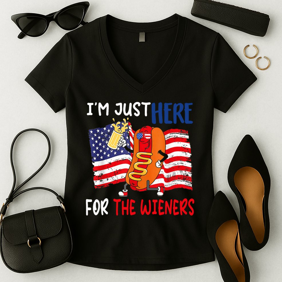 Hot Dog IM Just Here For The Wieners 4th Of July Usa Flag Women's V-Neck T-Shirt