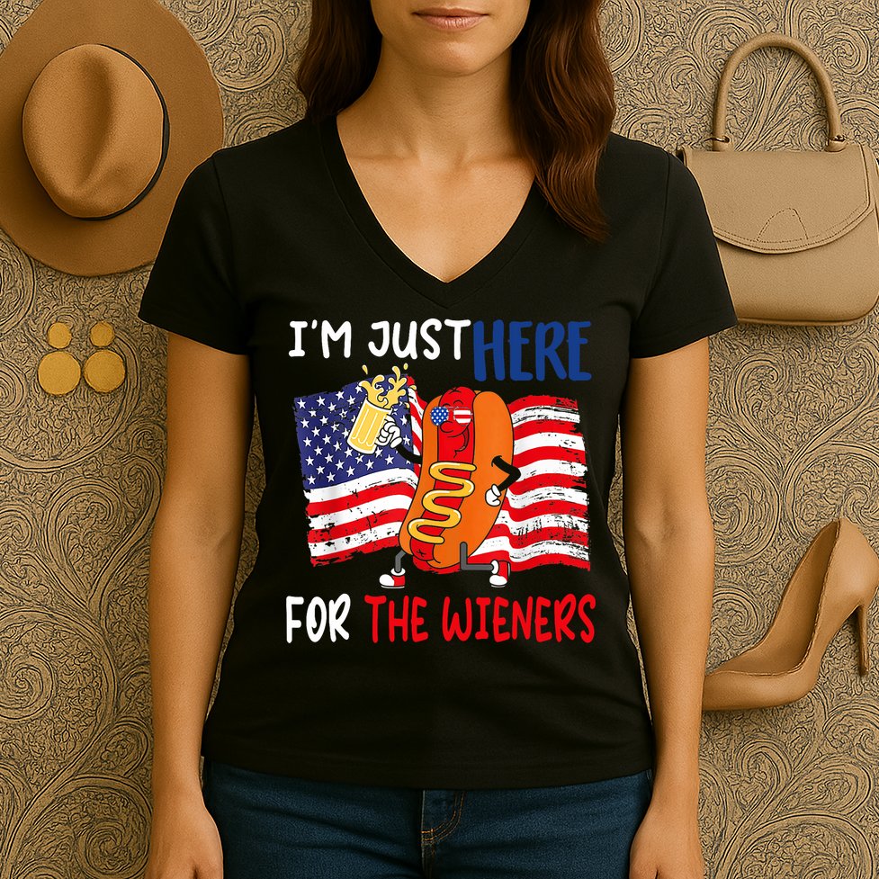 Hot Dog IM Just Here For The Wieners 4th Of July Usa Flag Women's V-Neck T-Shirt