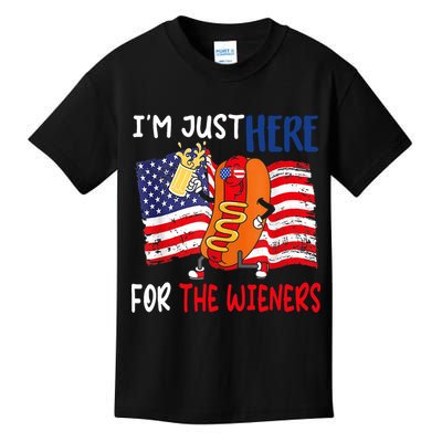 Hot Dog IM Just Here For The Wieners 4th Of July Usa Flag Kids T-Shirt