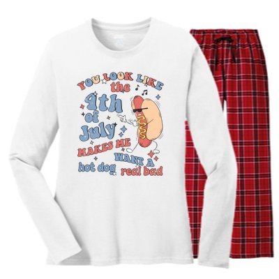 Hot Dog Im Just Here For The Wieners 4Th Of July Men Women Women's Long Sleeve Flannel Pajama Set 