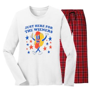 Hot Dog I'm Just Here For The Wieners 4th Of July Funny Women's Long Sleeve Flannel Pajama Set 