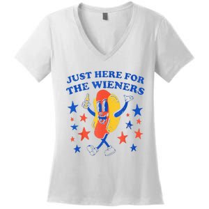 Hot Dog I'm Just Here For The Wieners 4th Of July Funny Women's V-Neck T-Shirt