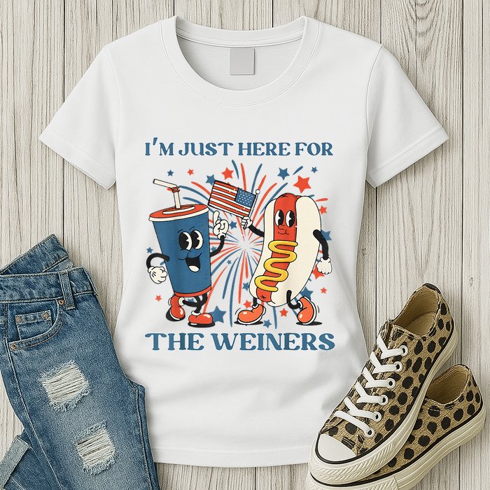 Hot Dog Im Just Here For The Wieners 4Th Of July Womens T-Shirt