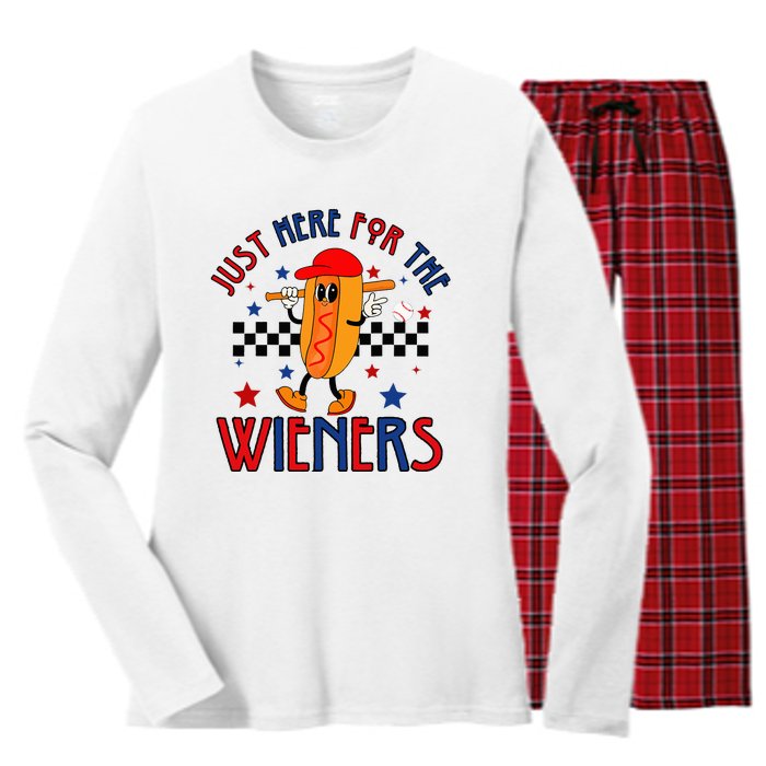 Hot Dog I'm Just Here For The Wieners 4Th Of July Women's Long Sleeve Flannel Pajama Set 