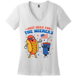 Hot Dog I'm Just Here For The Wieners Funny 4Th Of July Women's V-Neck T-Shirt