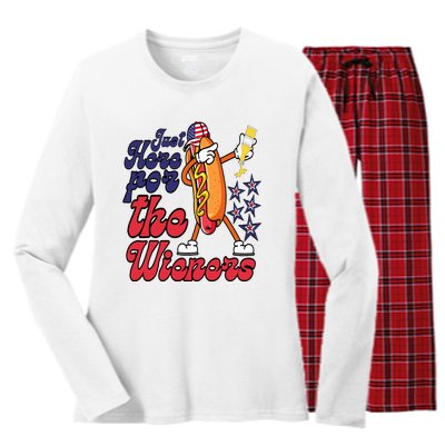 Hot Dog Im Just Here For The Wieners 4Th Of July Women's Long Sleeve Flannel Pajama Set 