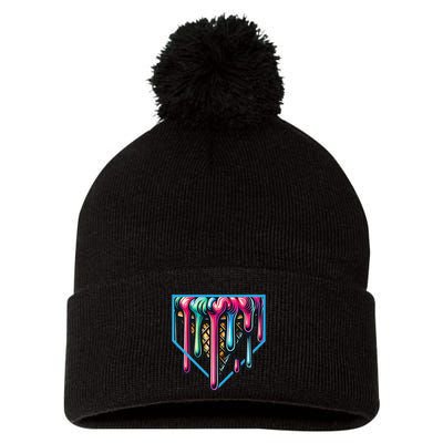 Homeplate Drip Icecream For Softball & Baseball Fans Gift Pom Pom 12in Knit Beanie