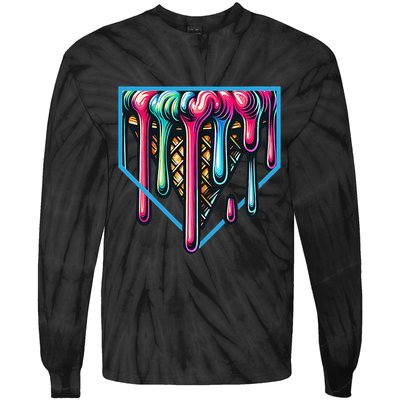 Homeplate Drip Icecream For Softball & Baseball Fans Gift Tie-Dye Long Sleeve Shirt