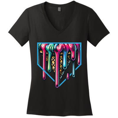 Homeplate Drip Icecream For Softball & Baseball Fans Gift Women's V-Neck T-Shirt