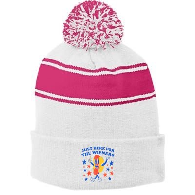 Hot Dog Im Just Here For The Wieners 4th Of July Funny Stripe Pom Pom Beanie