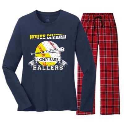 House Divided I Only Raise Ballers Baseball Softball Mom And Dad Women's Long Sleeve Flannel Pajama Set 