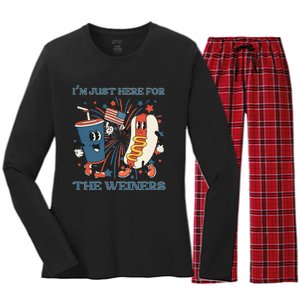 Hot Dog Im Just Here For The Wieners 4Th Of July Women's Long Sleeve Flannel Pajama Set 