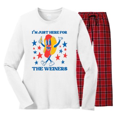 Hot Dog Im Just Here For The Wieners 4Th Of July Women's Long Sleeve Flannel Pajama Set 