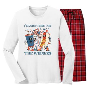 Hot Dog I'm Just Here For The Wieners 4Th Of July Women's Long Sleeve Flannel Pajama Set 