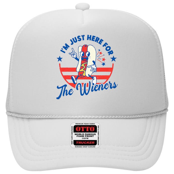 Hot Dog IM Just Here For The Wieners 4th Of July High Crown Mesh Back Trucker Hat