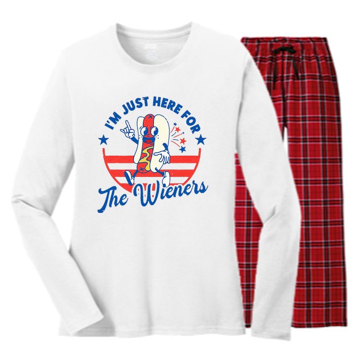 Hot Dog IM Just Here For The Wieners 4th Of July Women's Long Sleeve Flannel Pajama Set 