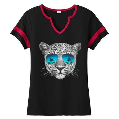 Hand Drawn Leopard Portrait Mirror Sunglasses Ladies Halftime Notch Neck Tee