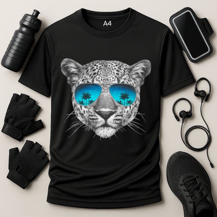 Hand Drawn Leopard Portrait Mirror Sunglasses Performance Shirt