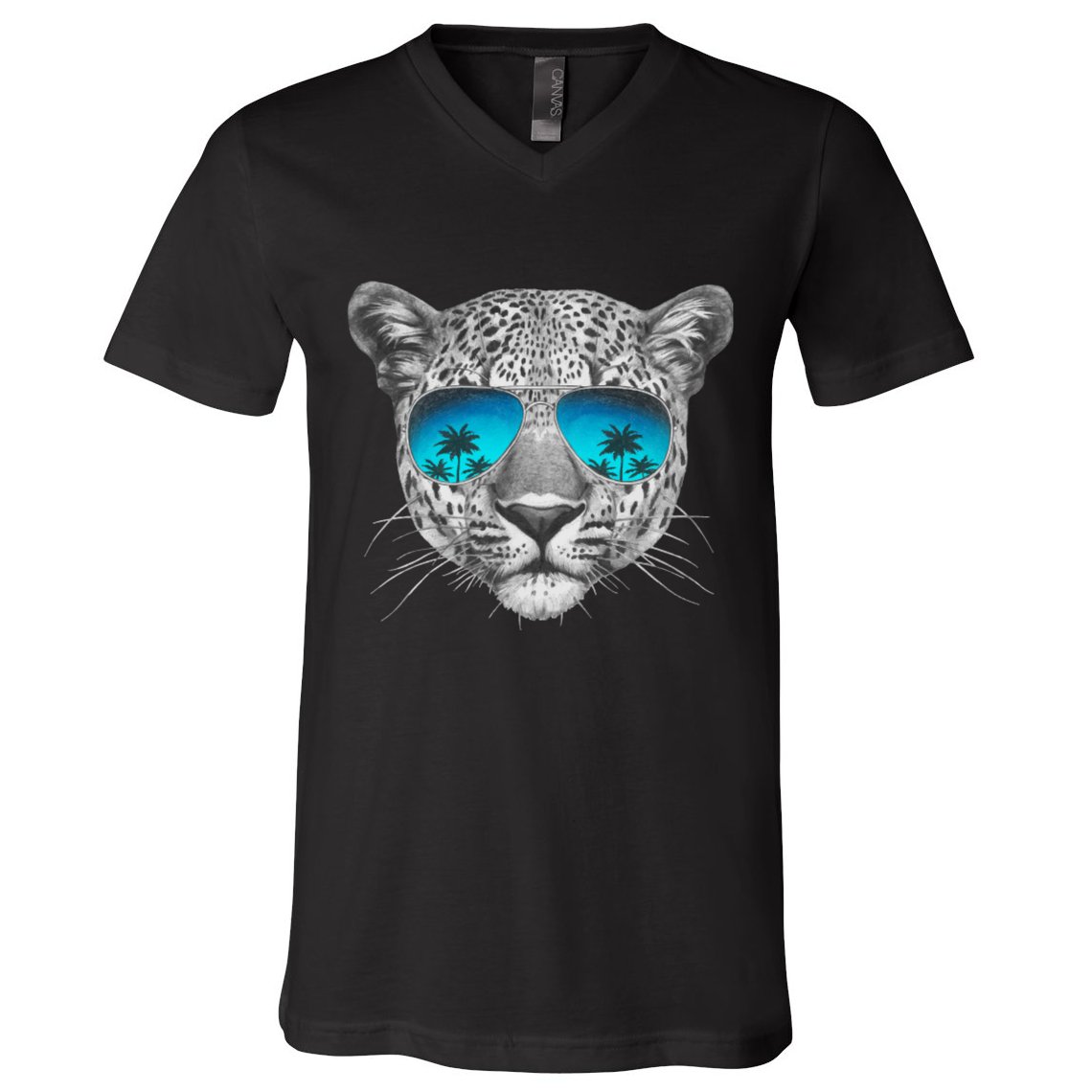 Hand Drawn Leopard Portrait Mirror Sunglasses V-Neck T-Shirt