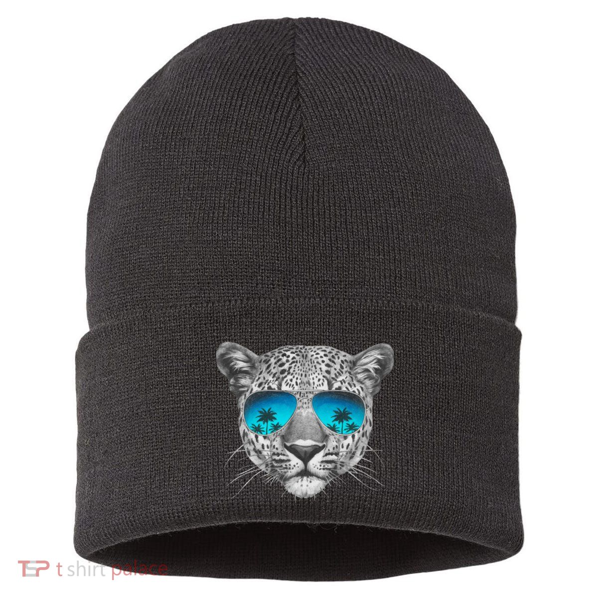 Hand Drawn Leopard Portrait Mirror Sunglasses Sustainable Knit Beanie