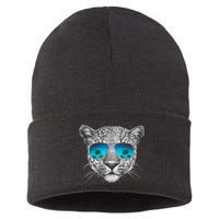 Hand Drawn Leopard Portrait Mirror Sunglasses Sustainable Knit Beanie