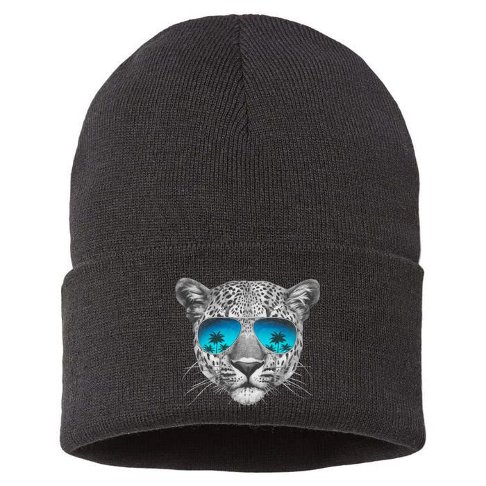 Hand Drawn Leopard Portrait Mirror Sunglasses Sustainable Knit Beanie