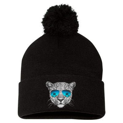 Hand Drawn Leopard Portrait Mirror Sunglasses Pom Pom 12in Knit Beanie
