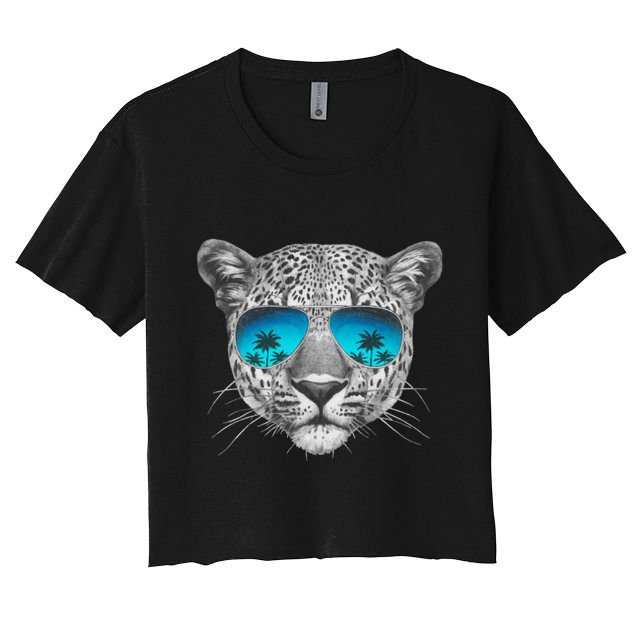 Hand Drawn Leopard Portrait Mirror Sunglasses Crop Top
