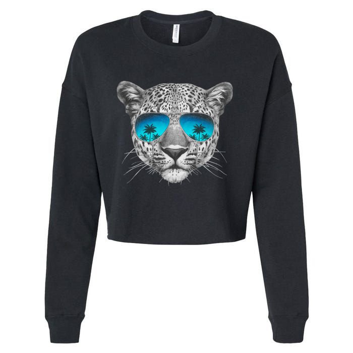 Hand Drawn Leopard Portrait Mirror Sunglasses Cropped Pullover Crew