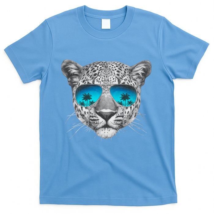 Hand Drawn Leopard Portrait Mirror Sunglasses T-Shirt