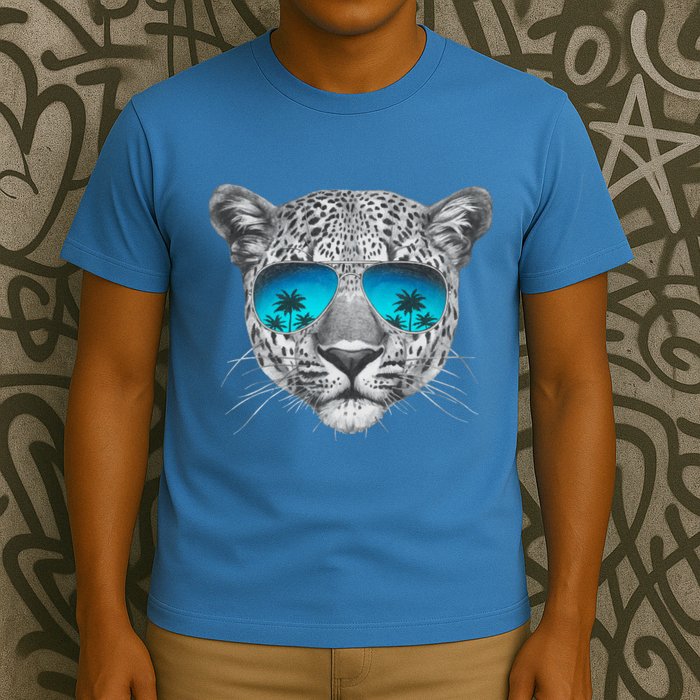 Hand Drawn Leopard Portrait Mirror Sunglasses T-Shirt