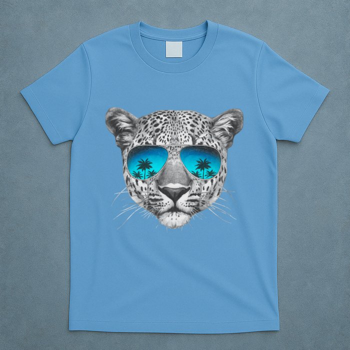 Hand Drawn Leopard Portrait Mirror Sunglasses T-Shirt