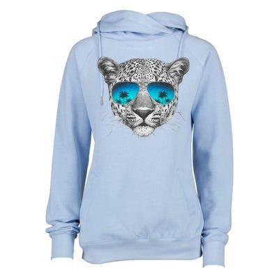 Hand Drawn Leopard Portrait Mirror Sunglasses Womens Funnel Neck Pullover Hood