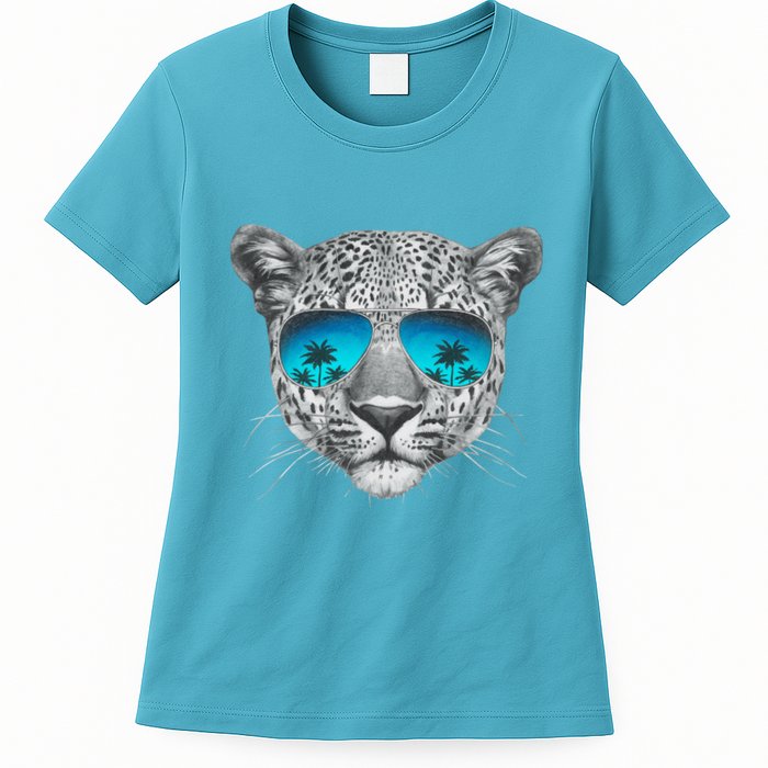 Hand Drawn Leopard Portrait Mirror Sunglasses Womens T-Shirt