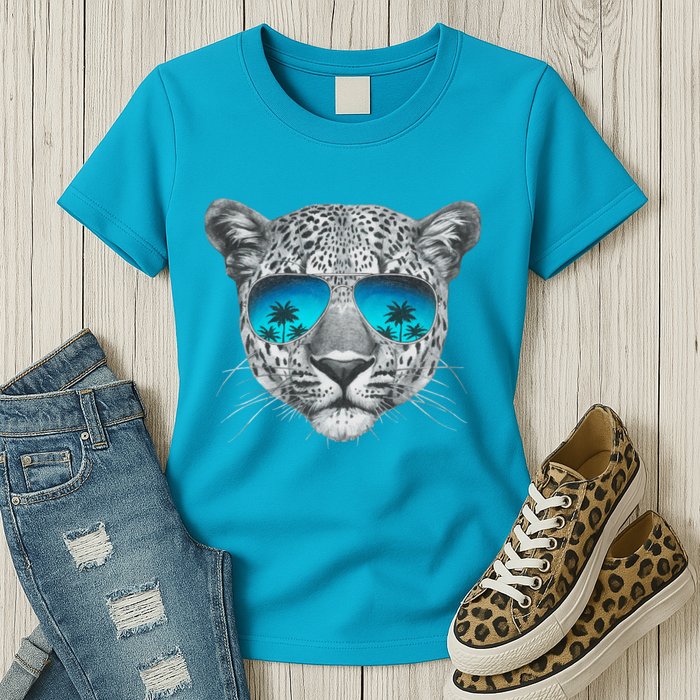 Hand Drawn Leopard Portrait Mirror Sunglasses Womens T-Shirt