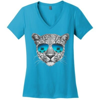 Hand Drawn Leopard Portrait Mirror Sunglasses Women's V-Neck T-Shirt