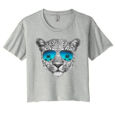 Hand Drawn Leopard Portrait Mirror Sunglasses Women's Crop Top Tee