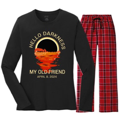 Hello Darkness My Old Friend Solar Eclipse April 08 2024 Women's Long Sleeve Flannel Pajama Set 