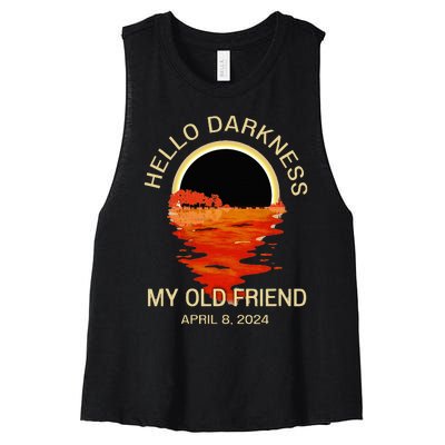 Hello Darkness My Old Friend Solar Eclipse April 08 2024 Women's Racerback Cropped Tank