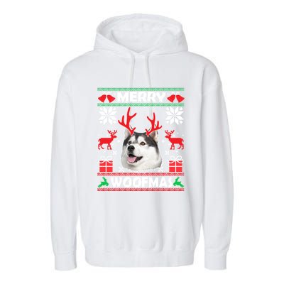 Husky Dog Merry Woofmas Christmas Dog Lovers Ugly Sweater Gift Garment-Dyed Fleece Hoodie