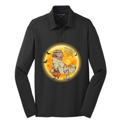 Happy Dinosaur Mummy Halloweeen Pumpkin T Rex Lover Witch Gift Silk Touch Performance Long Sleeve Polo