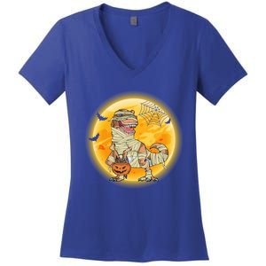 Happy Dinosaur Mummy Halloweeen Pumpkin T Rex Lover Witch Gift Women's V-Neck T-Shirt