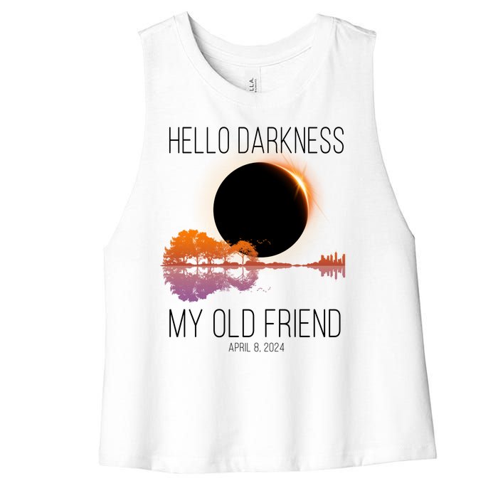 Hello Darkness My Old Friend Solar Eclipse April 8 Women's Racerback Cropped Tank