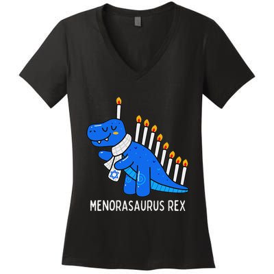 Hanukkah Dinosaur Menorasaurus Trex Dino Chanukah Gift Women's V-Neck T-Shirt