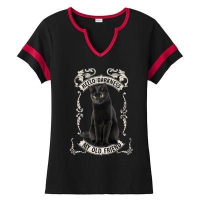 Hello Darkness My Old Friend Black Cat Lovers Music Fan T Great Gift Ladies Halftime Notch Neck Tee