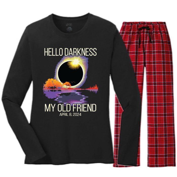 Hello Darkness My Old Friend Solar Eclipse April 08 2024 Women's Long Sleeve Flannel Pajama Set 