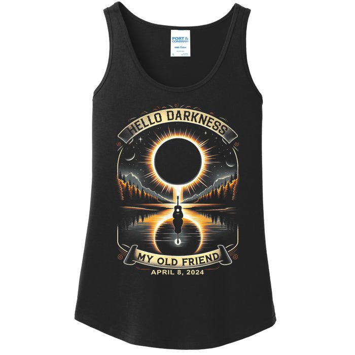 Hello Darkness My Old Friend Solar Eclipse April 8 2024 Ladies Essential Tank