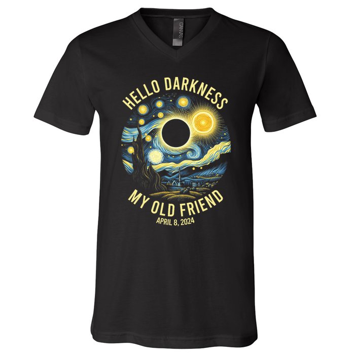 Hello Darkness My Old Friend Solar Eclipse April 8 2024 Vintage Design V-Neck T-Shirt