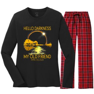 Hello Darkness My Old Friend Funny 2024 Solar Eclipse 4 8 24 Women's Long Sleeve Flannel Pajama Set 